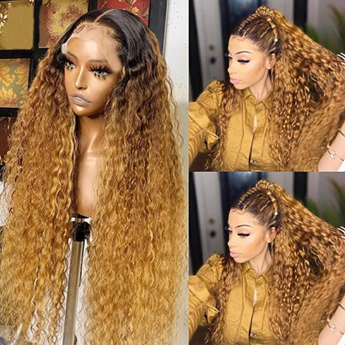 Omber Brown 27 Deep Wave Lace Front Wigs Human Hair Colored 13X4 HD Lace Light Brown Curly Wig Human Hair Pre Plucked with Baby Hair 200% Density