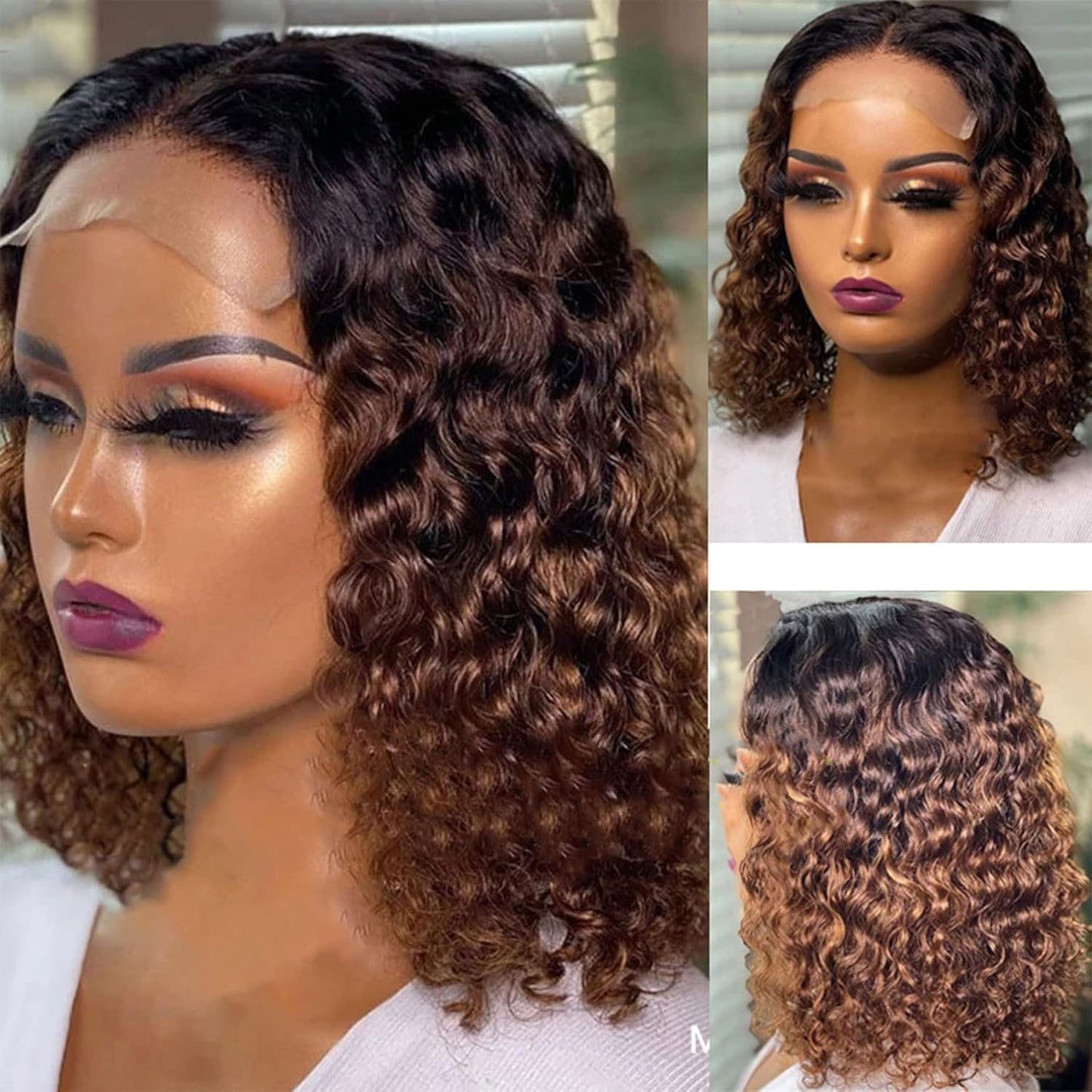 Women'S Deep Curly Lace Front Wigs Blonde Natural Wigs Women'S Short Curly Hair Mixed with Golden Small Curly Hair Black Brown (BK2)
