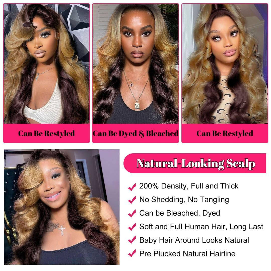 200 Density 13X6 Lace Front Wigs Human Hair Pre Plucked with Baby Hair 4/27 13X6 Honey Blonde Lace Front Wigs Human Hair HD Transparent Body Wave Human Hair Lace Front Wigs for Women 18 Inch