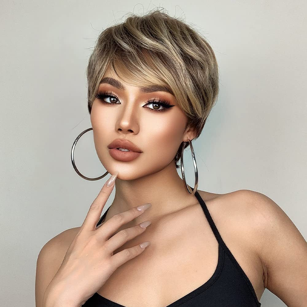 Female Hair Wigs - Short Golden Brown Wavy with Bangs, Layered Human Hair Wigs for Women