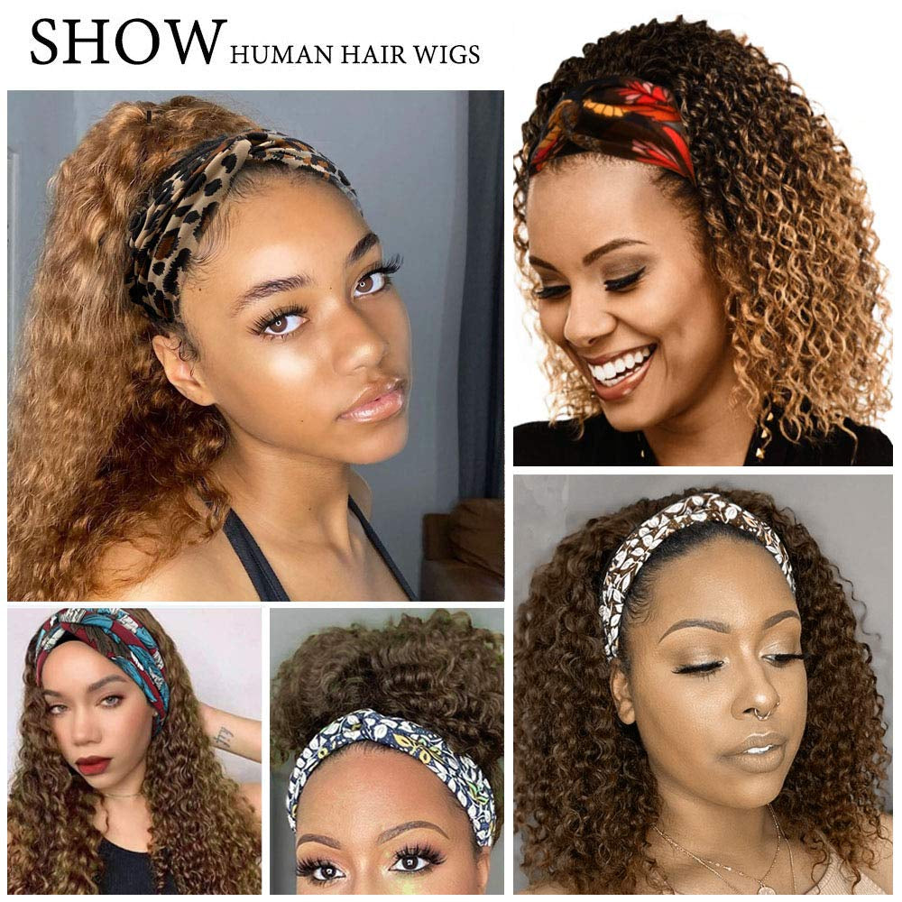 Headband Wigs Human Hair Ombre Blonde Colored No Lace Front Wigs 150% Density 20 Inches Curly Hair