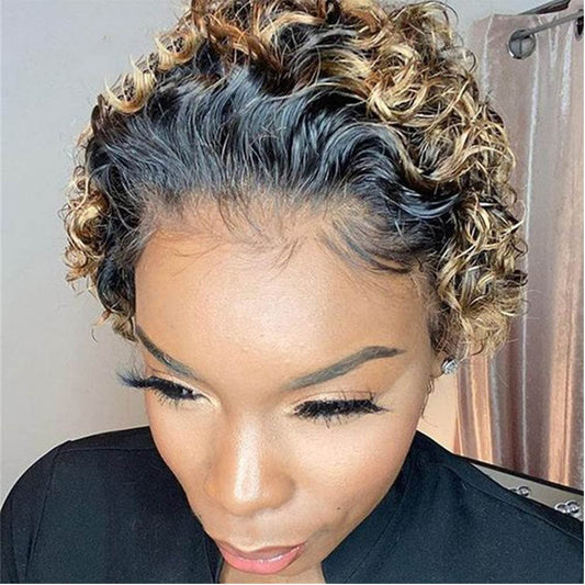 Blonde Pixie Cut Wig - 13X1 Pixie Cut Lace Front Wigs - Short Curly Human Hair Wigs for Black Women - Pre Plucked Glueless Wigs - Ombre Brown Highlight Wigs